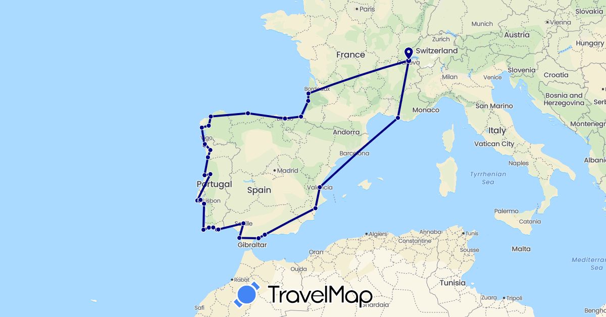 TravelMap itinerary: driving in Switzerland, Spain, France, Portugal (Europe)